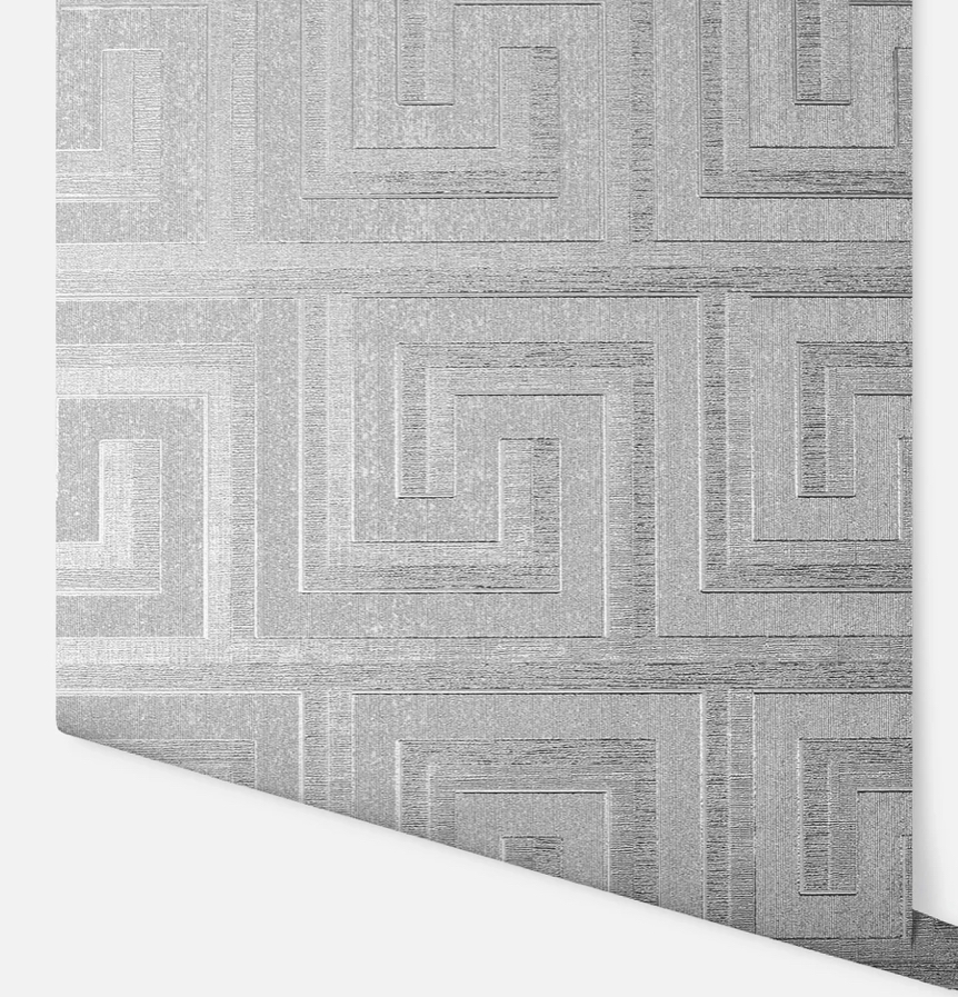 Greek Key Foil Wallpaper Silver